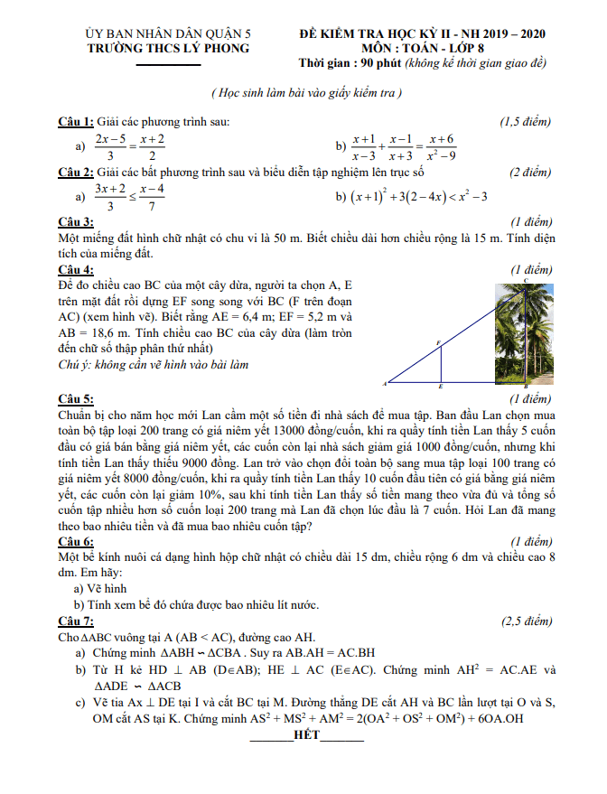 Đề thi học kì 2 (HK2) lớp 8 môn Toán năm 2019 2020 trường THCS Lý Phong TP HCM
