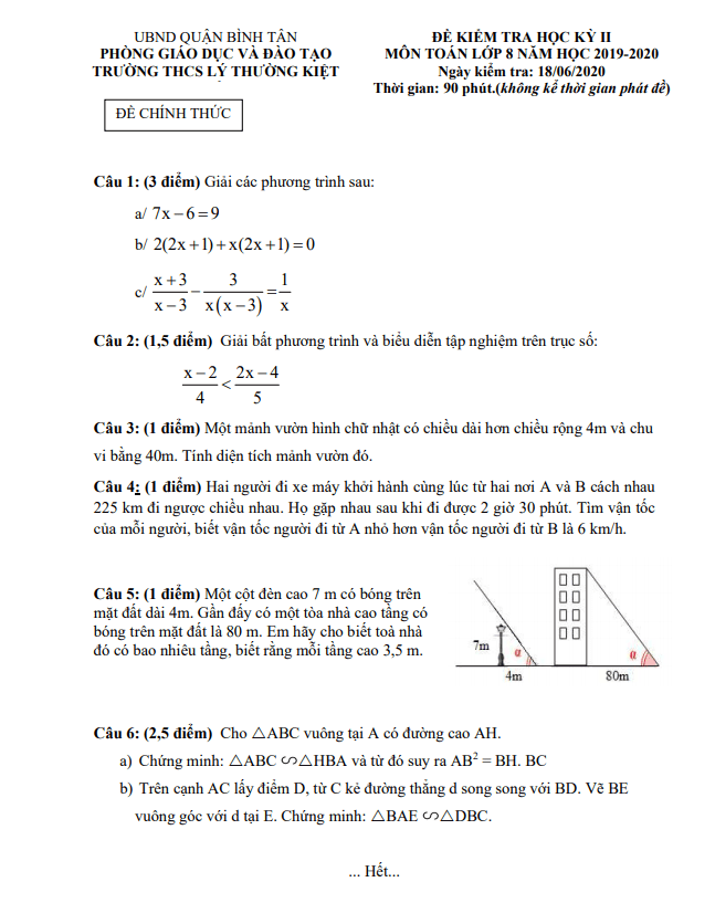 Đề thi học kì 2 (HK2) lớp 8 môn Toán năm 2019 2020 trường THCS Lý Thường Kiệt TP HCM
