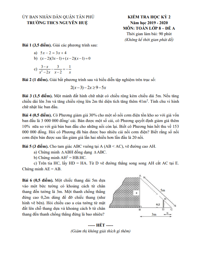 Đề thi học kì 2 (HK2) lớp 8 môn Toán năm 2019 2020 trường THCS Nguyễn Huệ TP HCM