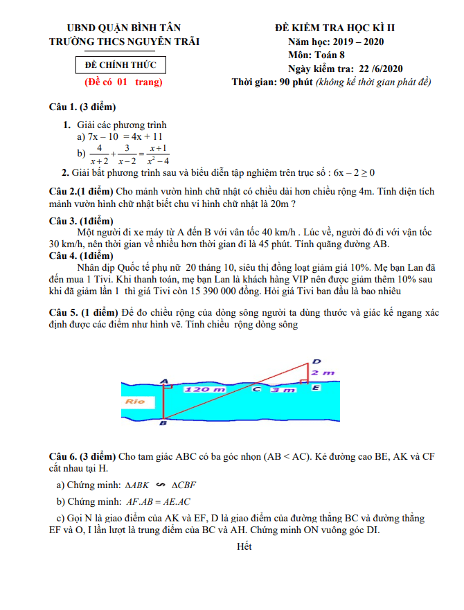 Đề thi học kì 2 (HK2) lớp 8 môn Toán năm 2019 2020 trường THCS Nguyễn Trãi TP HCM