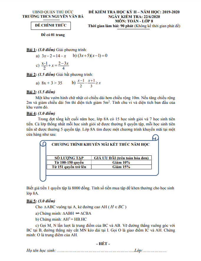 Đề thi học kì 2 (HK2) lớp 8 môn Toán năm 2019 2020 trường THCS Nguyễn Văn Bá TP HCM