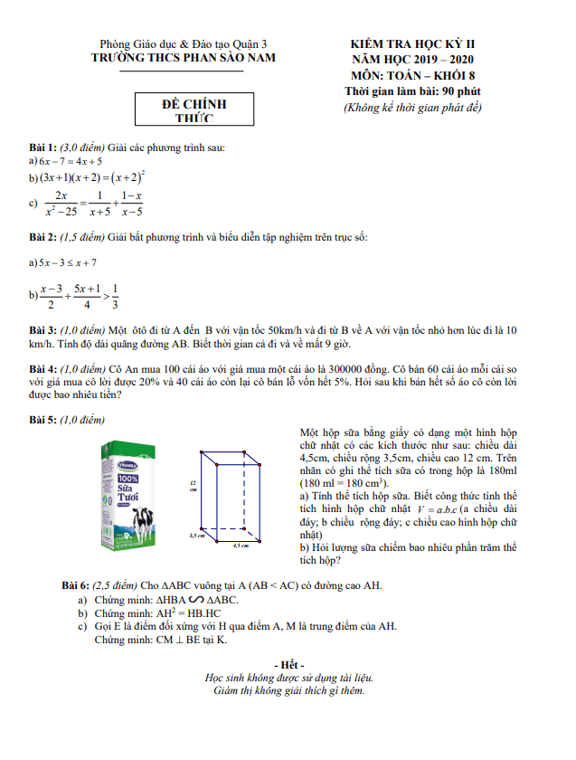 Đề thi học kì 2 (HK2) lớp 8 môn Toán năm 2019 2020 trường THCS Phan Sào Nam TP HCM