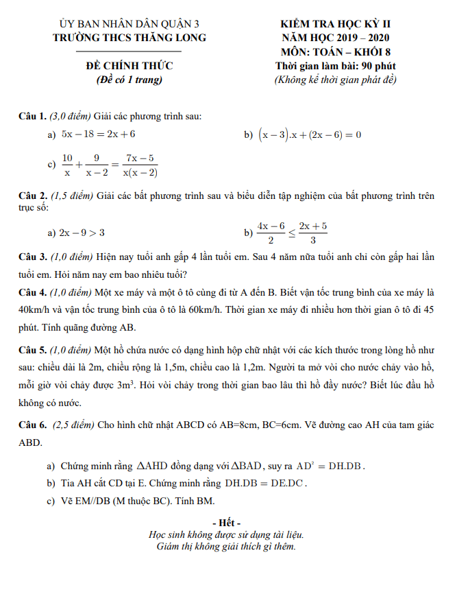 Đề thi học kì 2 (HK2) lớp 8 môn Toán năm 2019 2020 trường THCS Thăng Long TP HCM