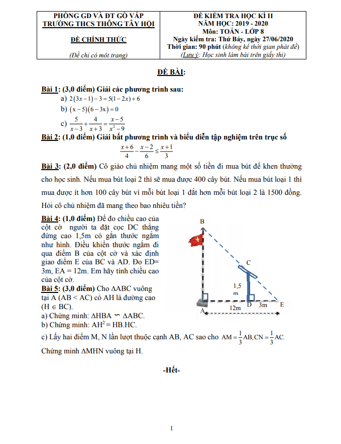 Đề thi học kì 2 (HK2) lớp 8 môn Toán năm 2019 2020 trường THCS Thông Tây Hội TP HCM