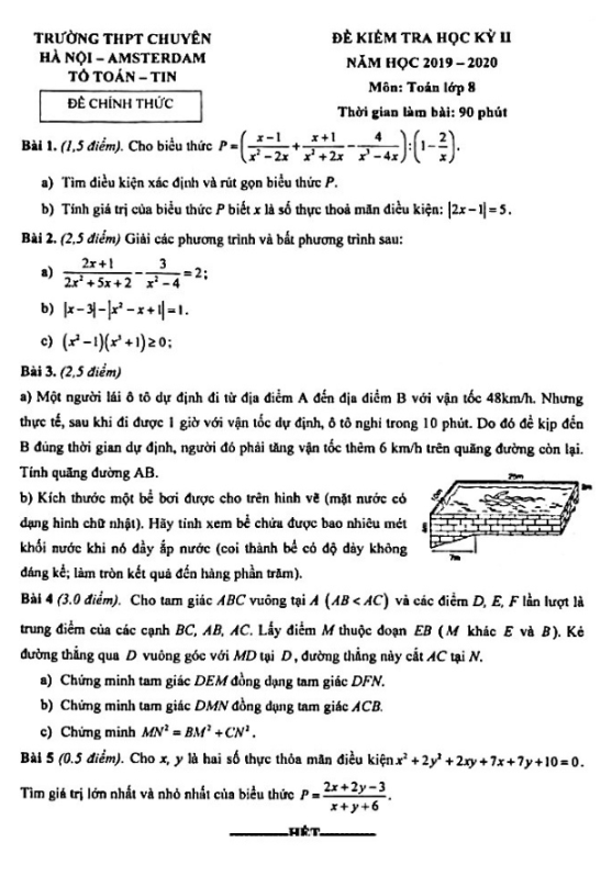 Đề thi học kì 2 (HK2) lớp 8 môn Toán năm 2019 2020 trường THPT chuyên Hà Nội Amsterdam