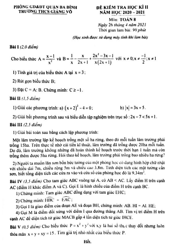 Đề thi học kì 2 (HK2) lớp 8 môn Toán năm 2020 2021 trường THCS Giảng Võ Hà Nội