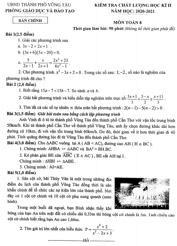 Đề thi học kì 2 (HK2) lớp 8 môn Toán năm 2020 2021 trường THCS Vũng Tàu BR VT