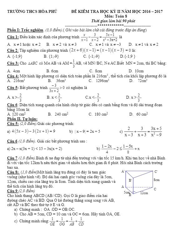 Đề thi học kì 2 (HK2) lớp 8 môn Toán năm học 2016 2017 trường THCS Hòa Phú TP. HCM