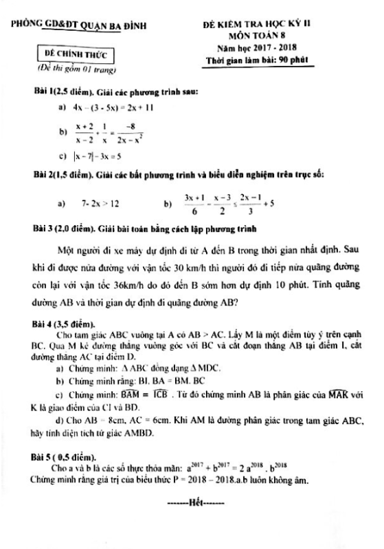 Đề thi học kì 2 (HK2) lớp 8 môn Toán năm học 2017 2018 phòng GD và ĐT Ba Đình Hà Nội