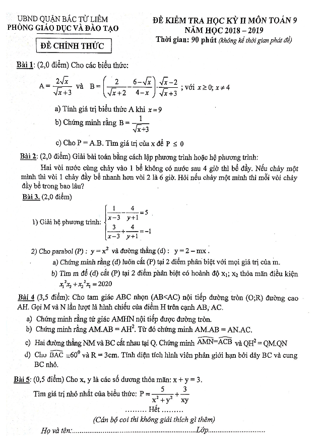 Đề thi học kì 2 (HK2) lớp 9 môn Toán năm 2018 2019 phòng GD ĐT Bắc Từ Liêm Hà Nội