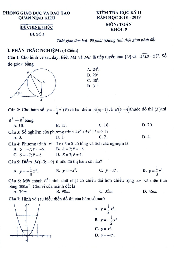 Đề thi học kì 2 (HK2) lớp 9 môn Toán năm 2018 2019 phòng GD ĐT Ninh Kiều Cần Thơ