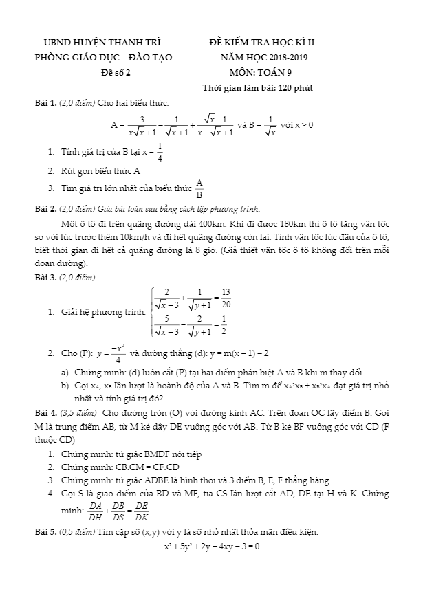 Đề thi học kì 2 (HK2) lớp 9 môn Toán năm 2018 2019 phòng GD ĐT Thanh Trì Hà Nội