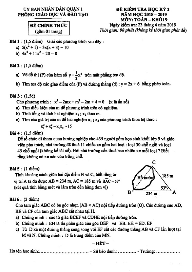 Đề thi học kì 2 (HK2) lớp 9 môn Toán năm 2018 – 2019 phòng GD ĐT Quận 1 – TP HCM