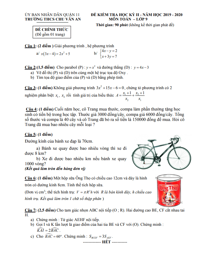 Đề thi học kì 2 (HK2) lớp 9 môn Toán năm 2019 2020 trường THCS Chu Văn An TP HCM