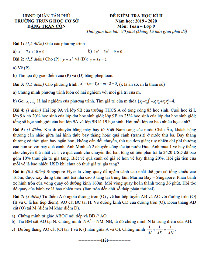 Đề thi học kì 2 (HK2) lớp 9 môn Toán năm 2019 2020 trường THCS Đặng Trần Côn TP HCM