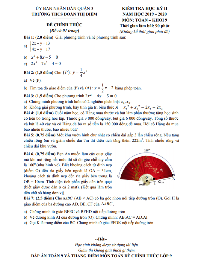 Đề thi học kì 2 (HK2) lớp 9 môn Toán năm 2019 2020 trường THCS Đoàn Thị Điểm TP HCM