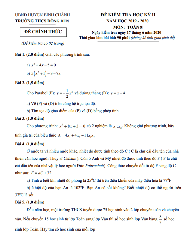 Đề thi học kì 2 (HK2) lớp 9 môn Toán năm 2019 2020 trường THCS Đồng Đen TP HCM