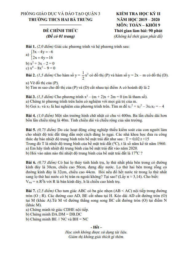 Đề thi học kì 2 (HK2) lớp 9 môn Toán năm 2019 2020 trường THCS Hai Bà Trưng TP HCM