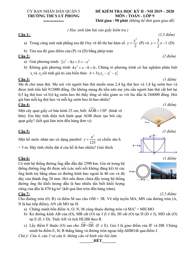 Đề thi học kì 2 (HK2) lớp 9 môn Toán năm 2019 2020 trường THCS Lý Phong TP HCM