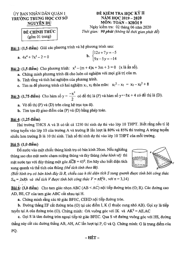 Đề thi học kì 2 (HK2) lớp 9 môn Toán năm 2019 2020 trường THCS Nguyễn Du TP HCM