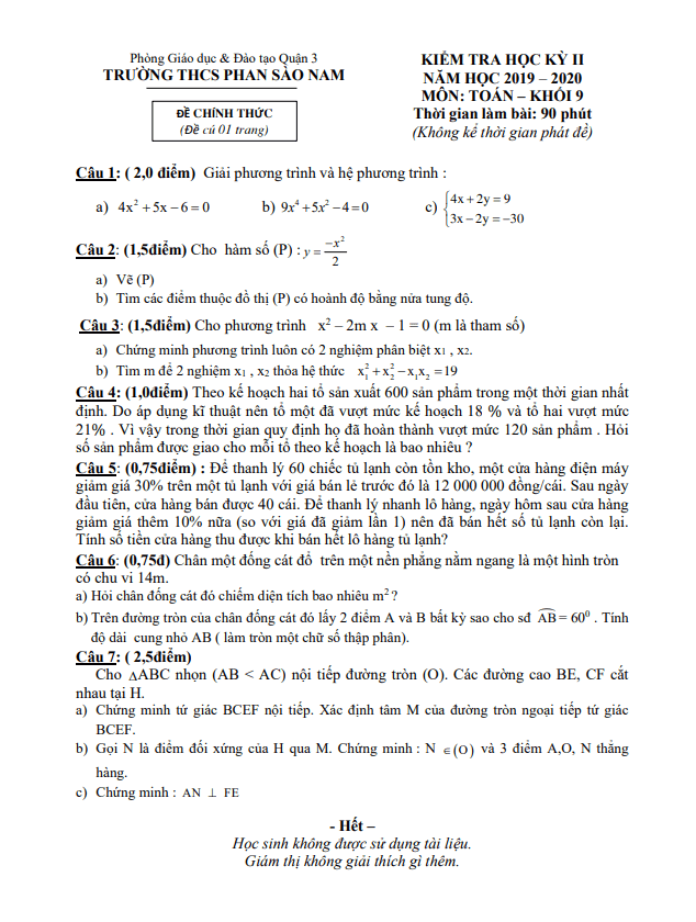 Đề thi học kì 2 (HK2) lớp 9 môn Toán năm 2019 2020 trường THCS Phan Sào Nam TP HCM