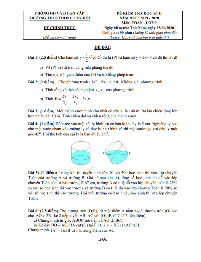 Đề thi học kì 2 (HK2) lớp 9 môn Toán năm 2019 2020 trường THCS Thông Tây Hội TP HCM