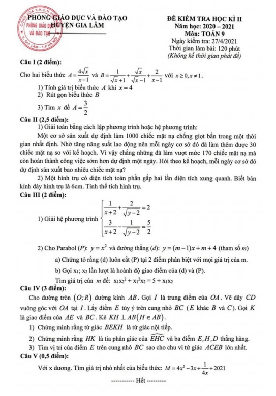 Đề thi học kì 2 (HK2) lớp 9 môn Toán năm 2020 2021 phòng GD ĐT Gia Lâm Hà Nội