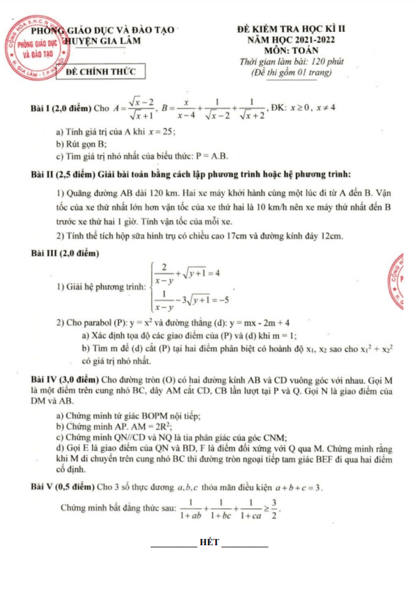 Đề thi học kì 2 (HK2) lớp 9 môn Toán năm 2021 2022 phòng GD ĐT Gia Lâm Hà Nội