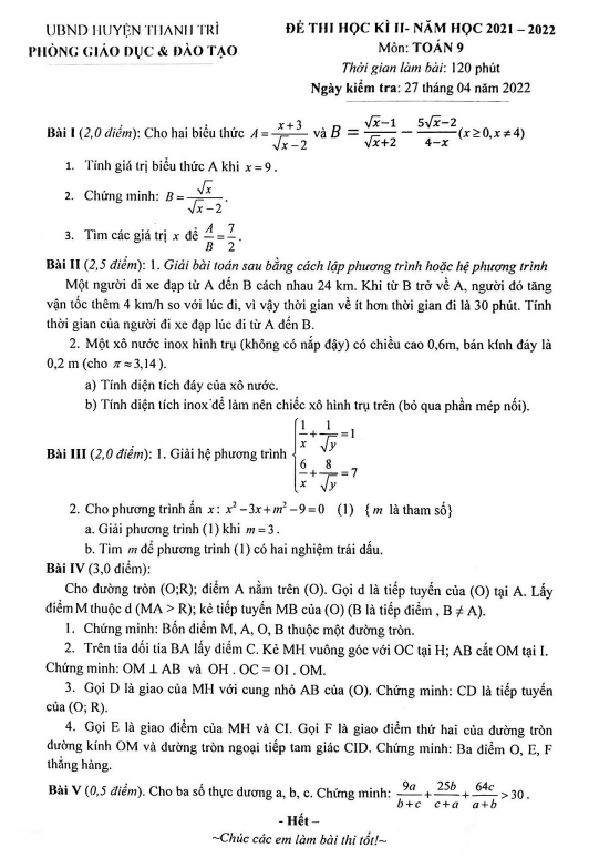 Đề thi học kì 2 (HK2) lớp 9 môn Toán năm 2021 2022 phòng GD ĐT Thanh Trì Hà Nội