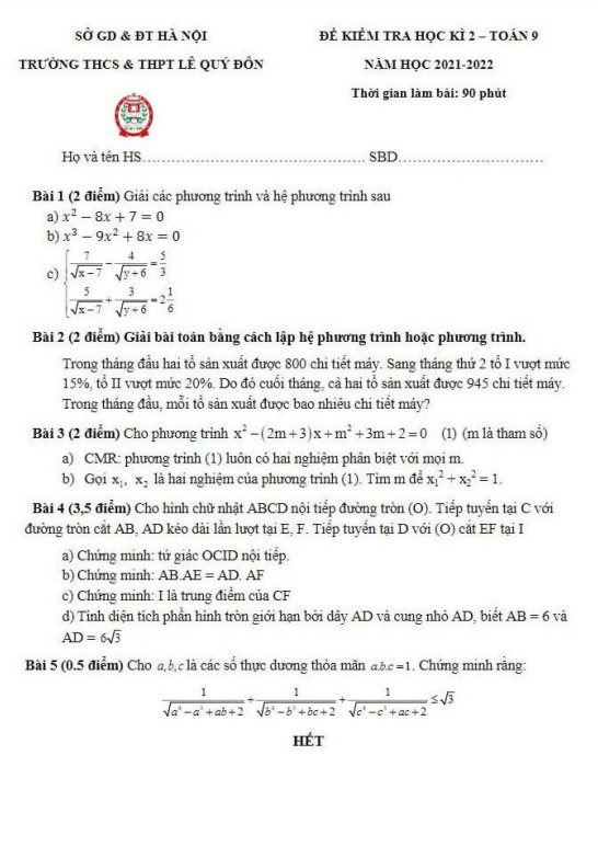 Đề thi học kì 2 (HK2) lớp 9 môn Toán năm 2021 2022 trường THCS THPT Lê Quý Đôn Hà Nội