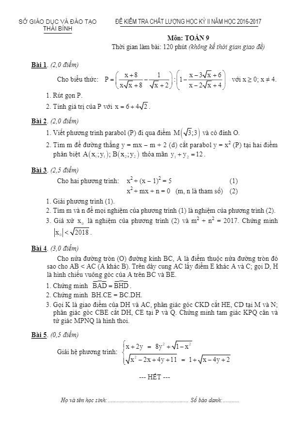 Đề thi học kì 2 (HK2) lớp 9 môn Toán năm học 2016 2017 sở GD và ĐT Thái Bình