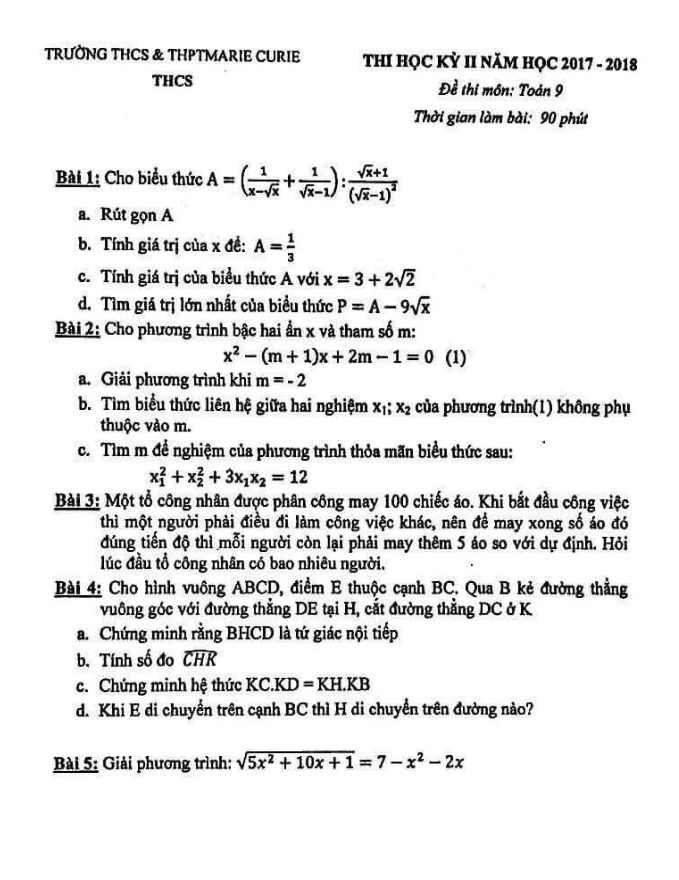 Đề thi học kì 2 (HK2) lớp 9 môn Toán năm học 2017 2018 trường Marie Curie Hà Nội