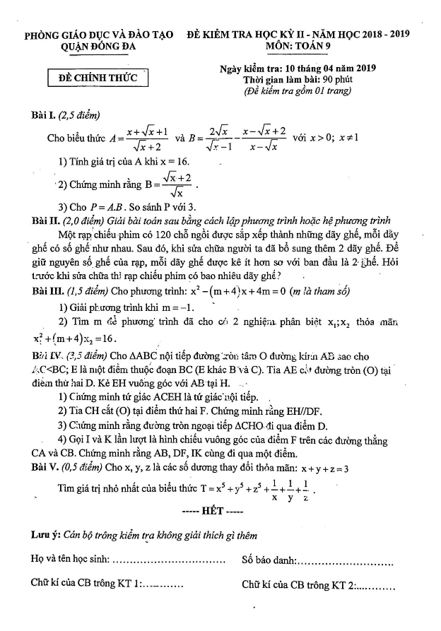Đề thi học kì 2 (HK2) lớp 9 môn Toán năm học 2018 2019 phòng GD ĐT Đống Đa Hà Nội