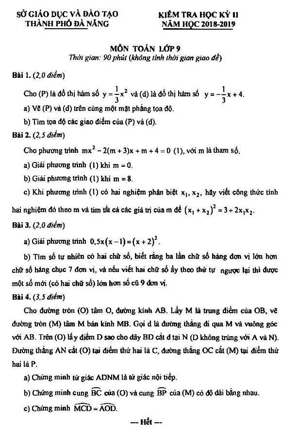 Đề thi học kì 2 (HK2) lớp 9 môn Toán năm học 2018 2019 sở GD ĐT Đà Nẵng