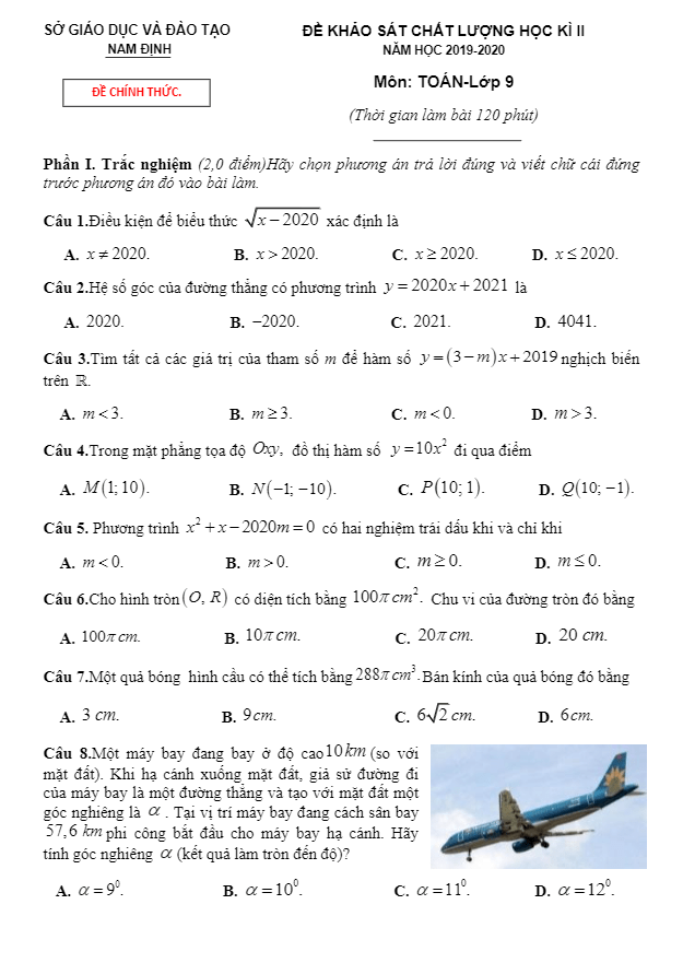 Đề thi học kì 2 (HK2) lớp 9 môn Toán năm học 2019 2020 sở GD ĐT Nam Định
