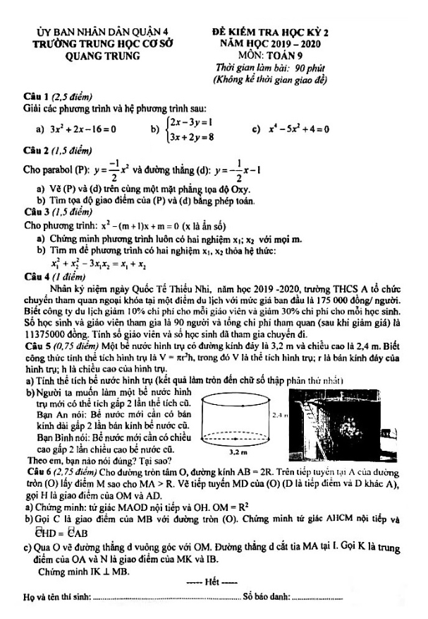 Đề thi học kì 2 (HK2) lớp 9 môn Toán năm học 2019 2020 trường THCS Quang Trung TP HCM