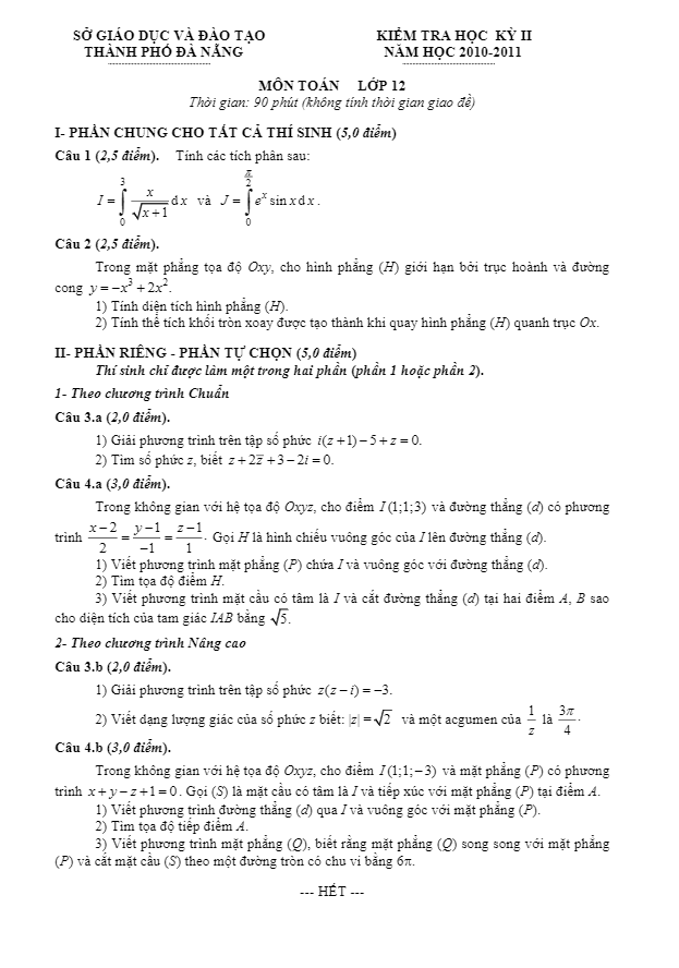 Đề thi học kì 2 (HK2) Sở GD-ĐT Đà Nẵng năm học 2010 2011