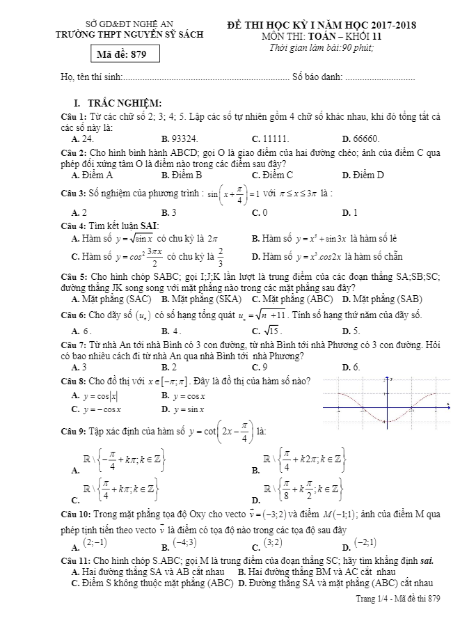 Đề thi học kỳ I lớp 11 môn Toán năm học 2017 2018 trường THPT Nguyễn Sỹ Sách Nghệ An