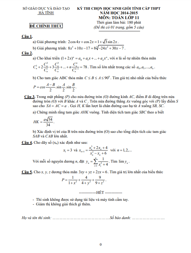 Đề thi học sinh giỏi cấp tỉnh lớp 11 môn Toán năm 2014 2015 sở GD ĐT Hà Tĩnh