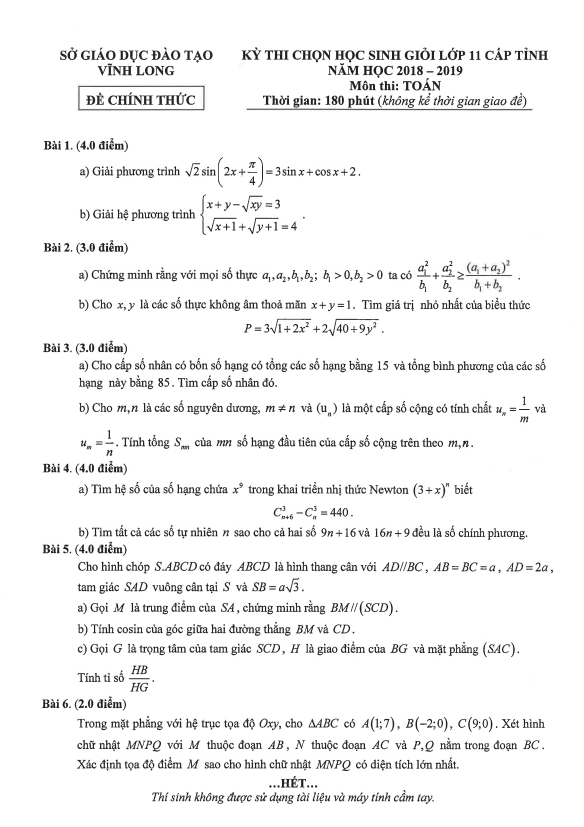 Đề thi học sinh giỏi cấp tỉnh lớp 11 môn Toán năm 2018 2019 sở GD ĐT Vĩnh Long