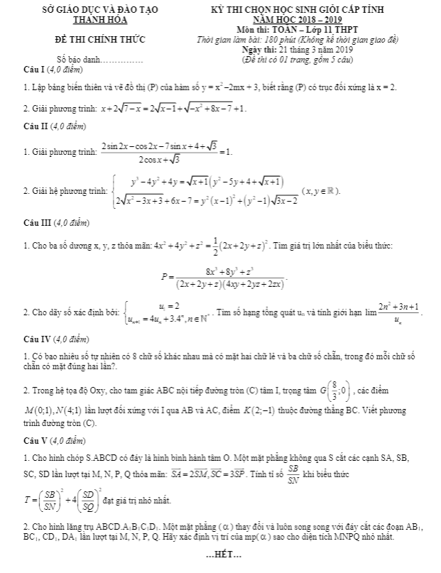 Đề thi học sinh giỏi cấp tỉnh lớp 11 môn Toán THPT năm 2018 2019 sở GD ĐT Thanh Hóa