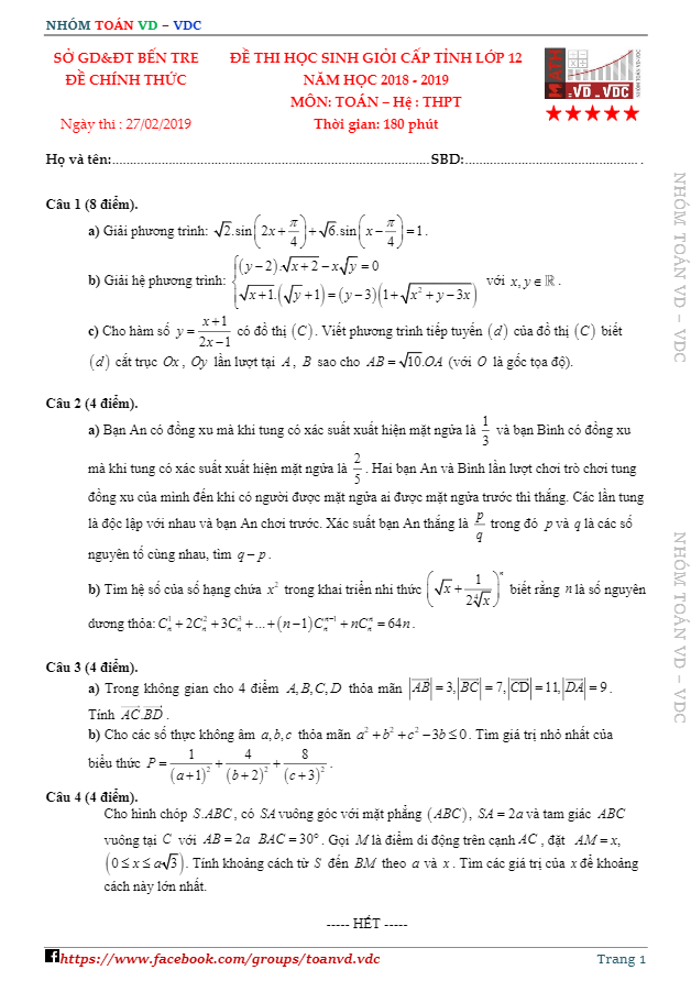 Đề thi học sinh giỏi cấp tỉnh lớp 12 môn Toán năm 2018 2019 sở GD ĐT Bến Tre