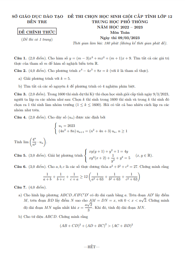 Đề thi học sinh giỏi cấp tỉnh lớp 12 môn Toán năm 2022 2023 sở GD ĐT Bến Tre
