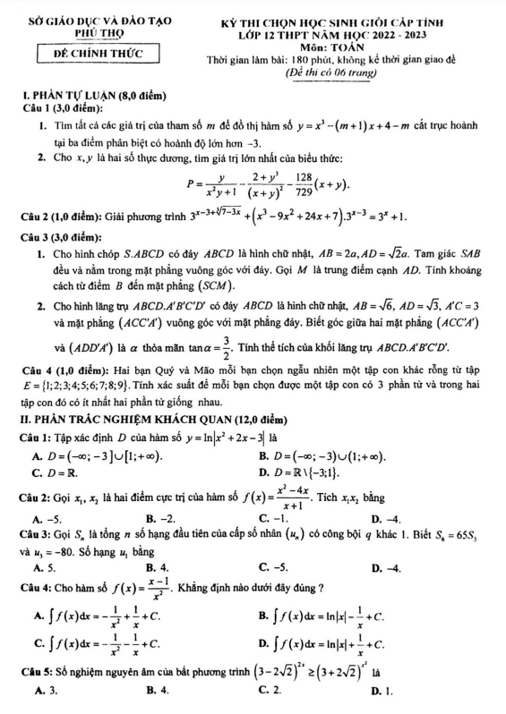 Đề thi học sinh giỏi cấp tỉnh lớp 12 môn Toán năm 2022 2023 sở GD ĐT Phú Thọ