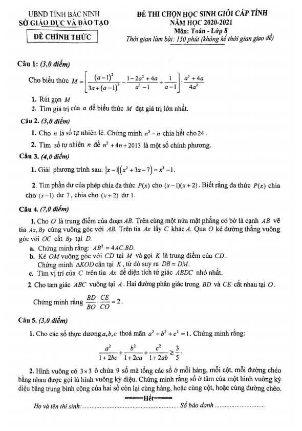 Đề thi học sinh giỏi cấp tỉnh lớp 8 môn Toán năm 2020 2021 sở GD ĐT Bắc Ninh