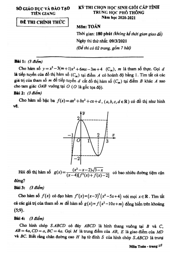 Đề thi học sinh giỏi cấp tỉnh Toán THPT năm 2020 2021 sở GD ĐT Tiền Giang