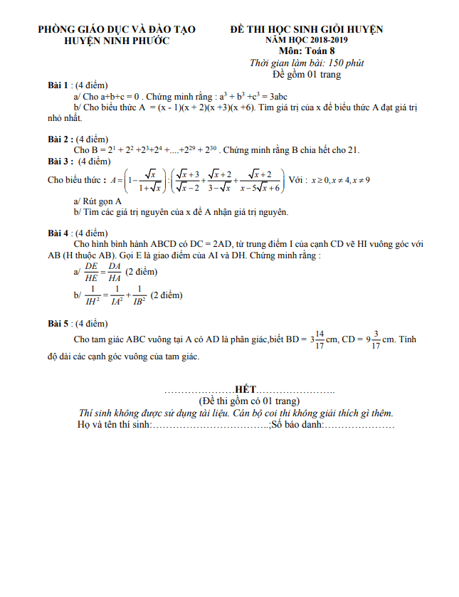 Đề thi học sinh giỏi huyện lớp 8 môn Toán năm 2018 2019 phòng GD ĐT Ninh Phước Ninh Thuận