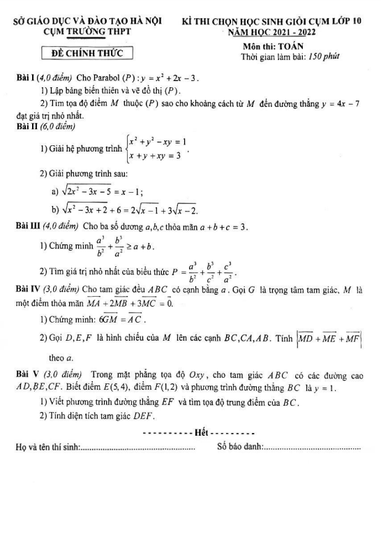 Đề thi học sinh giỏi lớp 10 môn Toán năm 2021 2022 cụm trường THPT Hà Nội