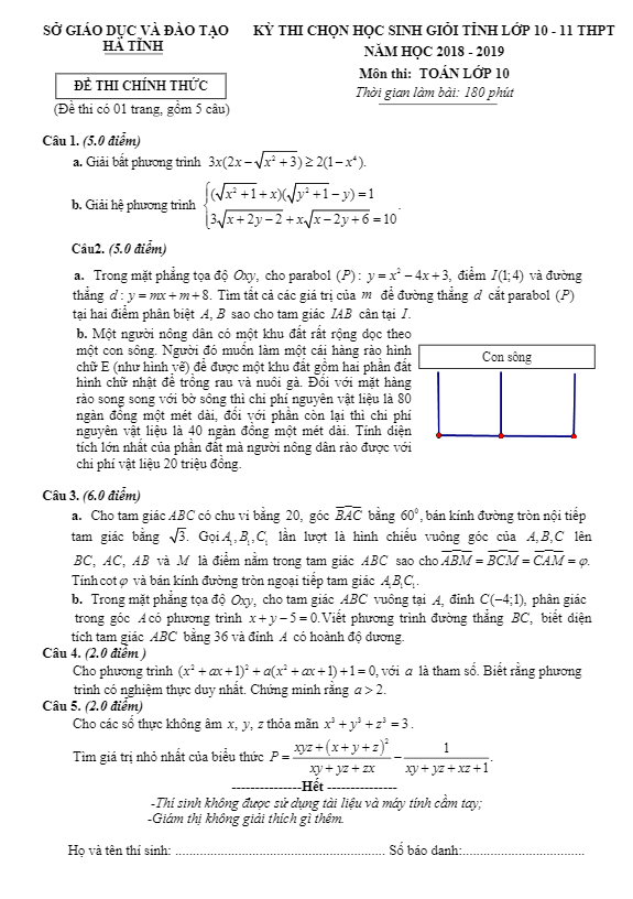 Đề thi học sinh giỏi lớp 10 môn Toán năm học 2018 2019 sở GD ĐT Hà Tĩnh