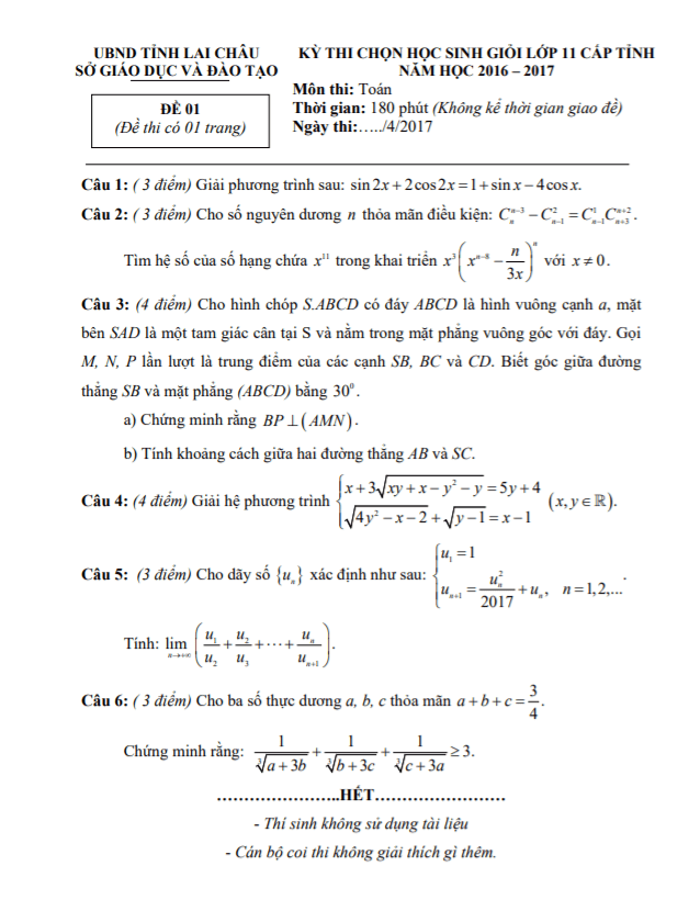 Đề thi học sinh giỏi lớp 11 môn Toán cấp tỉnh năm 2016 2017 sở GD ĐT Lai Châu